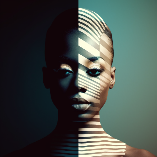 A photograph of a black woman with a half black and half white makeover with pattern. Pastel - colored background. The lighting is well diffused, illuminating both sides of the face equally. Striking digital art, symmetrical, surreal composition.