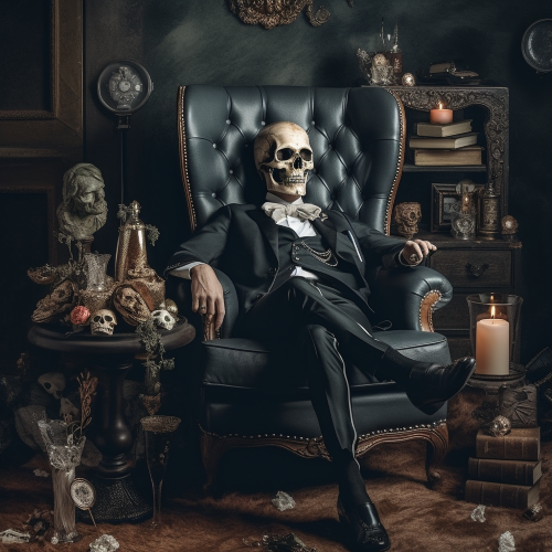 Create a dark, sophisticated memento mori photography with a skull wearing a rose gold crown, sitting on a leather wingback chair, surrounded by pricey vintage wines, books, and cigars. The skull has a monocle and is holding a pocket watch with delicate chain.