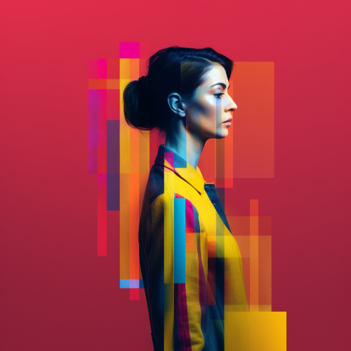 A photograph of a woman, Glitch and minimalist. Pop and bold color.