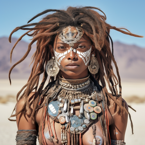 Photograph a tribal woman adorned in intricate jewelry, standing in a desolate yet beautiful landscape with an amalgamation of natural & supernatural elements. Incorporate prismatic shadows with a muted pastel gradient background & highlight the woman's leathery skin & piercing eyes using hard lighting.