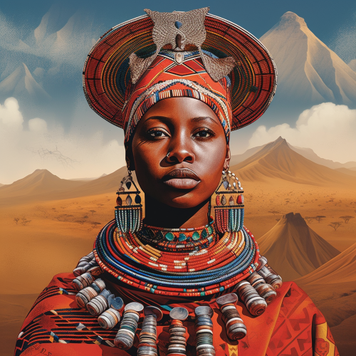 Create a mixed media artwork representing a Maasai woman adorned in a vibrant shuka and beaded jewelry, surrounded by the vast African savannah. Implement collage elements, isometric perspective, and volumetric shading techniques to accentuate the texture and dimension of the woman's traditional attire.