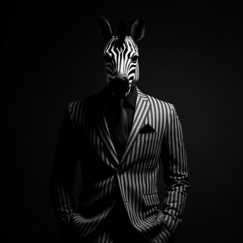 A photography of a mysterious man standing in a James Bond position, clad in a sleek suit and sporting a pair of stealthy soakers. He dons a zebra mask on his head, creating an intriguing and enigmatic atmosphere in the photograph. The man is posed in front of a plain, dark background, drawing focus solely on him and his mask. The camera angle is tilted slightly to one side, adding a sense of dynamism to the composition. The lighting is soft and dramatic, casting elegant shadows on the man's figure.