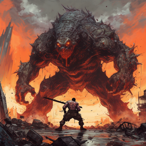 In a dramatic and action-packed scene, a mighty hero battles a gargantuan monster in a post-apocalyptic wasteland, amidst crumbling ruins and poisonous gas. The art should be a blend of vivid and contrasting colors. The style could draw inspiration from comic book art, mixed with elements of dystopian and surrealistic imagery.