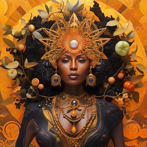 Create a mixed media art piece of a queenly black goddess of the sun, surrounded by radiant energy, holding and offering fruits of the earth. Use an array of warm and rich colors with abstract symbolism and a fusion of tribal and steampunk styles.