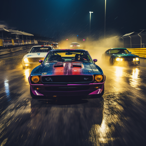 A photography of Fast & Furious-style cars speeding across a dark and wet runway under the rain, with long streaks of water splashing behind them, and tire smoke rising from the wheels. The cars are brightly colored with race decals on the body and glowing headlights that cut through the rain. The camera is positioned at a low angle, looking up slightly towards the cars, and the composition follows the rule of thirds to create a dynamic and captivating image