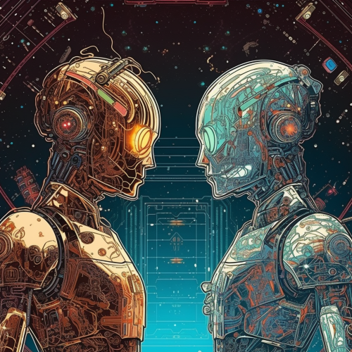 Create a visually stunning artwork of two AI - powered robots in deep conversation, in the style of Moebius and Katsuhiro Otomo. The robots should appear sleek and futuristic, with intricate, circuit board - like details on their metal bodies. The background should feature a cosmic landscape with plenty of swirling stars, glowing nebulas, and other celestial phenomena.