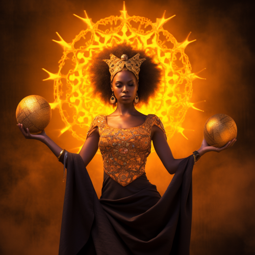 CAll yellow. Photograph a black goddess of the sun in a mystical setting, holding a blazing sun orb amidst a backdrop of molten dark orange and gold colors. Her attire should reflect both her regal and divine nature, and the image should convey an aura of power and mystique.