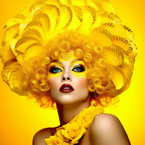 All yellow. Create an iconic portrait of a burlesque performer, with a slight touch of surrealism. She should be both elegant and seductive, with striking features and a dramatic pose. Incorporate bold colors and flowing shapes inspired by Art Nouveau and Klimt. Consider adding a unique accessory, such as a mask or stylized fans