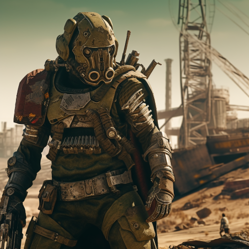 A photography of a hero, with olive green armor and a trusty weapon, facing the menacing villain in a dystopian wasteland. The hero's armor has intricate mechanical details that complement the villain's armor design. The hero stands tall, with a defiant expression on his face, ready to face his enemy in combat. The wasteland around them is dark and desolate, with hints of destruction and decay. The camera angle should be from a low position, looking up at the hero to convey his bravery and strength, while the villain looms in the background