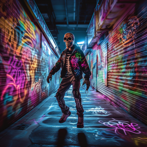 A photography of a Hip-Hop skeleton wandering down a dark alley bathed in neon light graffiti, accompanied by a stroboscope effect, while music resounds through the empty streets.