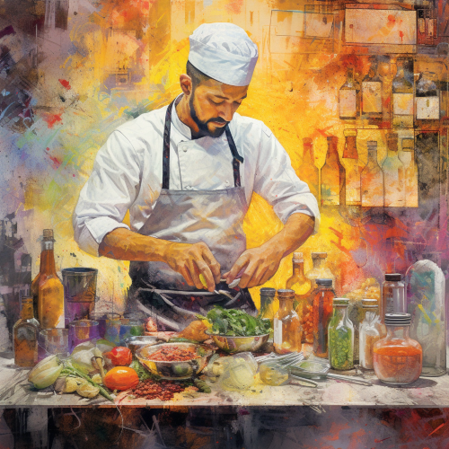 Create an expressive mixed media piece of a five - star chef in their studio, in the process of blending aliments for an exotic dish. The chef is surrounded by a colorful array of ingredients. The style should be a fusion of realism and impressionism, with details drawn to capture the movements of the chef's hands. The background should feature sketches of culinary tools and recipes as if glimpsing inside the chef's creative mind.
