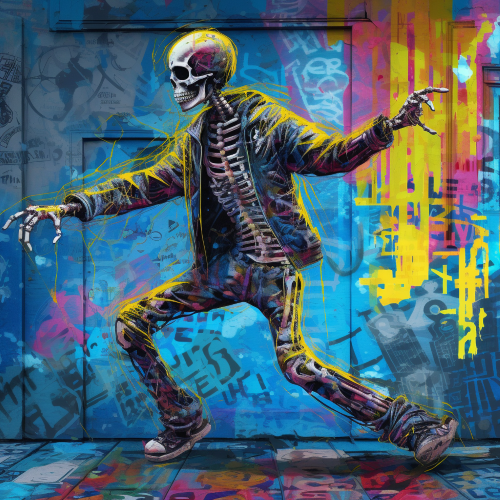 Create a stunning digital artwork featuring a hip-hop skeleton dancing amidst a blue and yellow neon gritty background. Using knife painting techniques and glitch art, imbue the skeleton with a gritty, street aesthetic while emphasizing its rhythmic movements and musicality.
