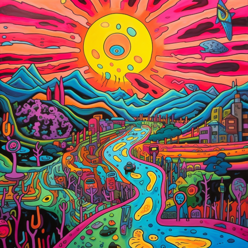 A surreal psychedelic landscape, with a colorful graffiti-style design reminiscent of the works of street art legends Jean-Michel Basquiat and Keith Haring, featuring bold lines and bright color