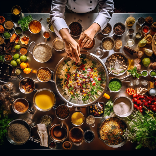 A photograph of a chef in a vibrant kitchen, expertly blending flavors together to create a masterpiece dish. The scene is chaotic, yet organized, with pots and pans sizzling on the stove, fresh ingredients neatly arranged on the countertop, and spices and herbs scattered around the workspace. The camera angle is overhead, capturing the chef's hands in motion as they expertly blend the ingredients