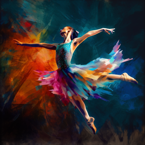 A portrait of a ballet dancer in mid - flight, captured in a moment of grace and beauty. The style should be elegant and refined, with a focus on capturing the movement and fluidity of the dance. An explosion of color in the background. Digital art and knife painting style