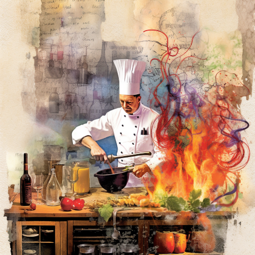 Create a mixed media image of a gourmet kitchen, showcasing a chef throwing spices into a sizzling pan, igniting a geyser of flames. The chef should be surrounded by a variety of ingredients, culinary tools, and herbs, layered on top of a vintage cookbook page, which is collaged with a watercolor and ink drawing of a vineyard. The style should be impressionistic with bold strokes and vibrant colors, inspired by the works of Vincent Van Gogh and Georgia O'Keeffe.