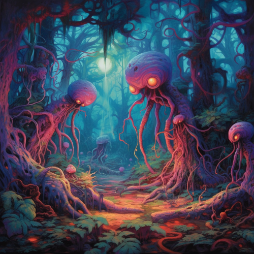 An otherworldly landscape of a psychedelic, rainbow-hued forest, where mutated creatures with tentacles and fangs roam freely, and eerie, glowing eyes peer out from the foliage