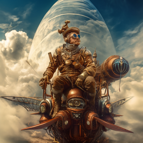 A fantastical image of a man attached to a rocket ship to Mars set in a world of surreal and stimulating steampunk. The rocketship should have intricate details, resembling Leonardo da Vinci's flying machines, while the man should wear an ornamental helmet with golden goggles. In the background, there should be a beautiful panorama with a mixture of sky, clouds, stars, and the Martian landscape, radiating a celestial illumination. The image should portray an atmosphere of adventure and exploration.