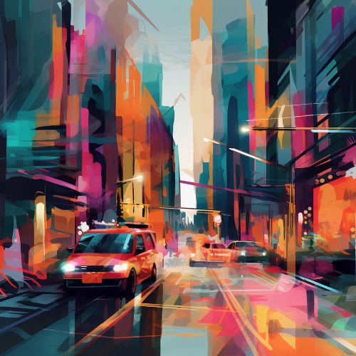 Create an abstract digital artwork inspired by the movement and rhythm of a bustling city street. Use a bold color palette and dynamic shapes to convey the energy of urban life.