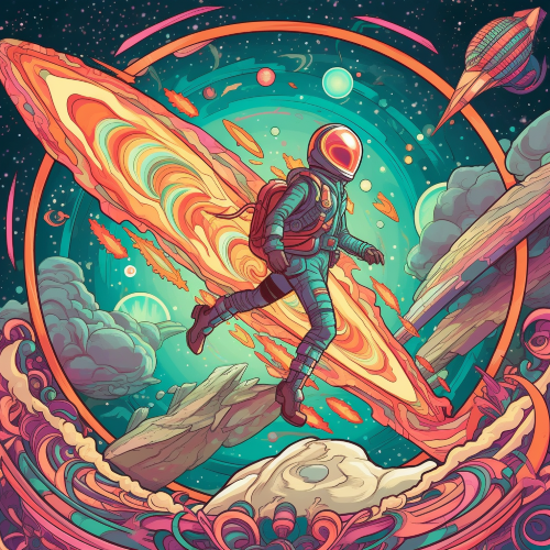 Create an artwork featuring a man attached to a retro-futuristic rocket ship as it blasts off towards Mars. Incorporate intricate details such as swirling galaxies, cosmic energy, and glowing circuitry. The style should evoke a blend of eclectic steampunk and retro-futurism, with elements of Art Nouveau and stained glass design. The color palette should feature vibrant shades of teal, magenta, gold, and silver. The overall effect should be surreal, whimsical, and visually stunning