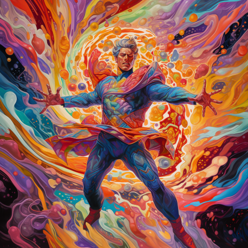 The image depicts a kaleidoscopic storm where a superhero stands alone in admiration. The storm boasts swirling patterns of intertwined colors that create a blinding glow. The superhero has mesmerizing features that align with the theme of the storm, with his suit showcasing fused colors and pointing towards the storm. The overall styling should be psychedelic mixed media, with an emphasis on the superhero's muscular figure and the strong contrasts of refracted light accentuating his suit. The superhero's stance should express power and confidence.