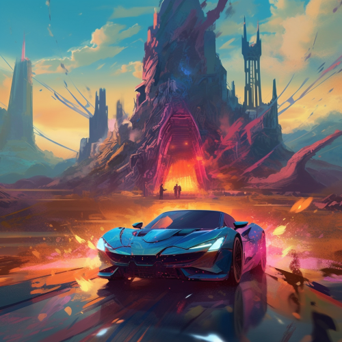 Create a dynamic illustration of a futuristic car in the midst of a medieval battlefield, surrounded by knights in armor. In the background, a massive castle looms, while a fiery dragon soars through the sky above. The style should be a blend of medieval and futuristic, with a focus on rich colors and bold brushstrokes