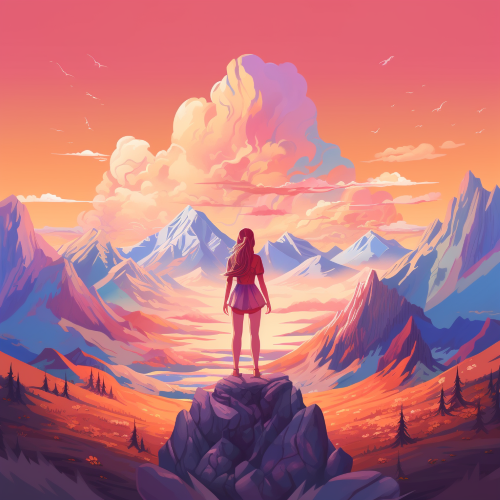 A digital illustration of a young woman standing on a mountain peak, overlooking a beautiful and vast landscape. The style should be vibrant and colorful, with a touch of surrealism