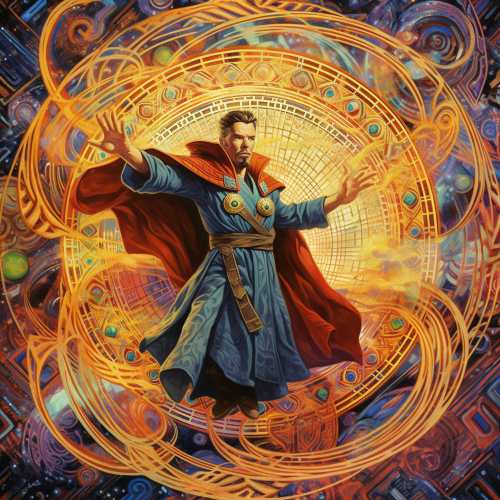 In a kaleidoscopic art piece, Doctor Strange beckons on you to embrace the mystical energy of the multiverse. Amidst the intricate patterns and cosmic motifs, his iconic cloak of levitation billows behind him, exuding arcane power. Strange's hands are poised in incantation gestures, conjuring a dazzling display of energy that crackles and glows against a backdrop of swirling dimensions. The scene is a fusion of psychedelic and Renaissance art, with bright jewel tones and fine detail. The piece showcases Doctor Strange's mastery of the mystic arts, hinting at the infinite possibilities of the multiverse.