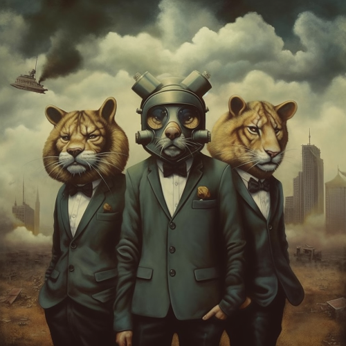 A surrealistic artwork that portrays a dystopian world where humans are forced to wear animal masks to survive, inspired by the works of Hieronymus Bosch and Rene Magritte. The art should incorporate a moody and dark color palette with a post-apocalyptic setting, showing people wearing masks of animals such as lions, tigers, and bears. The image should also feature elements of mixed media that incorporate materials such as fur, leather, metal, and other organic and inorganic materials to create an intricate and unsettling texture