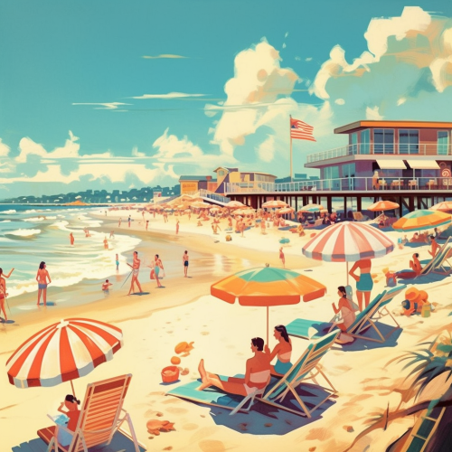 A sunny day at the beach, with sparkling waves and soft sand. People are playing games, building sandcastles, and lounging in colorful beach chairs. The image is in a bright and cheerful style, with a retro vibe and a sense of fun and relaxation.