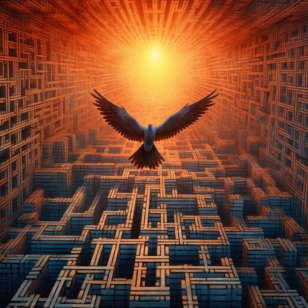 A bird, symbolizing freedom, flies high above a maze that represents programming code and algorithms. The sun breaking the horizon signifies the birth of a new understanding.