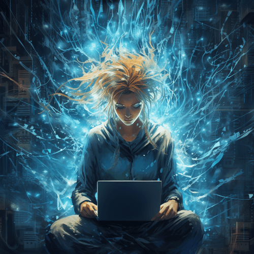 A human, shrouded in glitch and binary, reaches for the ethereal tendrils of knowledge in computer form, unleashing a flurry of electrifying possibilities.