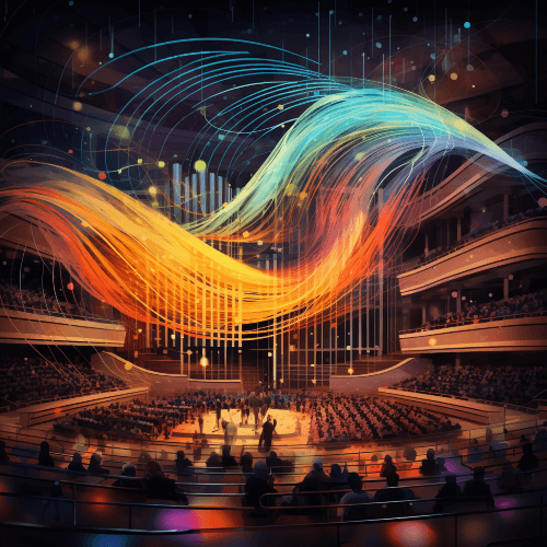A symphony hall filled with a diverse audience of humans and AI entities, united in appreciation of the grand symphony of data, with colorful soundwaves representing the beautiful harmonies of information.