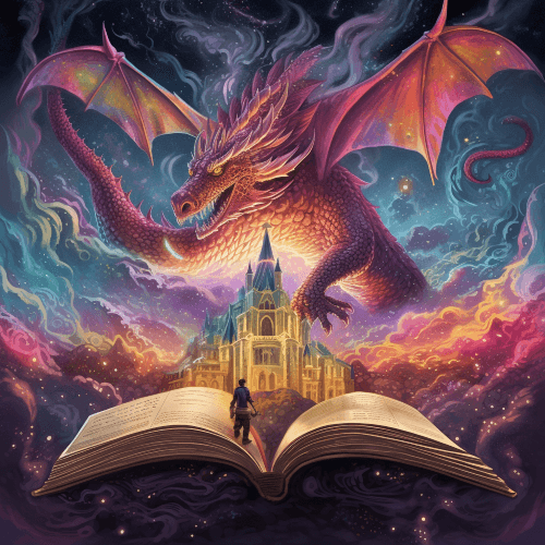 A person holding a book, from which a vibrant and detailed fantasy world is erupting - with dragons flying, castles towering, and stars shimmering. This signifies the power of human imagination pouring from the pages of a simple book.