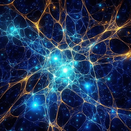 A stunning rendition of a neural network. It's a complex web of interconnected nodes, each glowing softly in a palette of electric blues and pulsing with lines of light that move between them. The image mirrors the starry skies, reflecting the endless connections that form in our minds and systems alike.